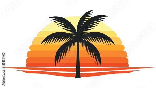 Graphic illustration of a black silhouette palm tree against a vibrant sunset with warm orange and yellow hues on a white background.