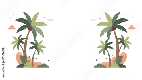 Illustration of two identical tropical palm tree scenes with green foliage and orange accents against a white background.