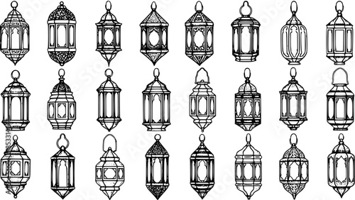Ramadan Lanterns Vector Set - Hand-Drawn Black  White Line Art Collection of Arabic Fanoos Lamps for Islamic Holiday Celebrations, Cultural Decoration, and Design Elements