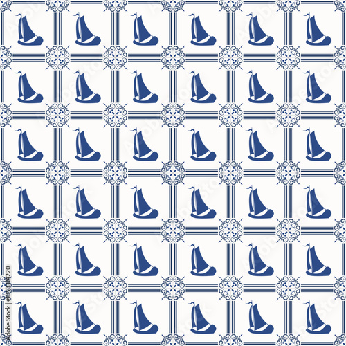 Traditional Dutch Delft Blue seamless tile pattern. Features classic navy sailboats enclosed by ornate scrollwork borders and double-line frames on a white background Vector