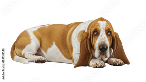 Cuadro en lienzo Adorable Basset Hound puppy PNG isolated, lying down with floppy ears and sad ey