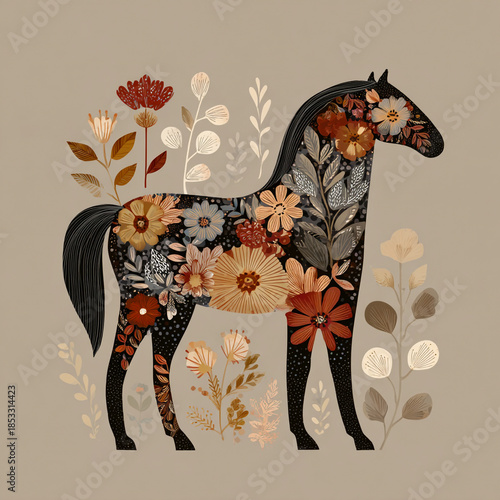 Nordic Floral Horse Silhouette in Soft Earth-Tone Folk Style
