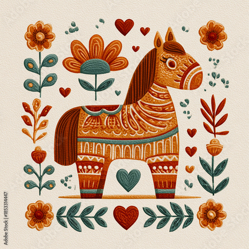 Folk Patterned Dala Horse Surrounded by Hearts and Flowers