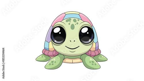A cute cartoon turtle with a colorful shell and big eyes smiles against a plain white background.