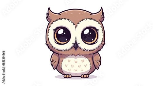 A cute cartoon owl with large eyes and brown feathers stands on a plain white background with a subtle shadow underneath.