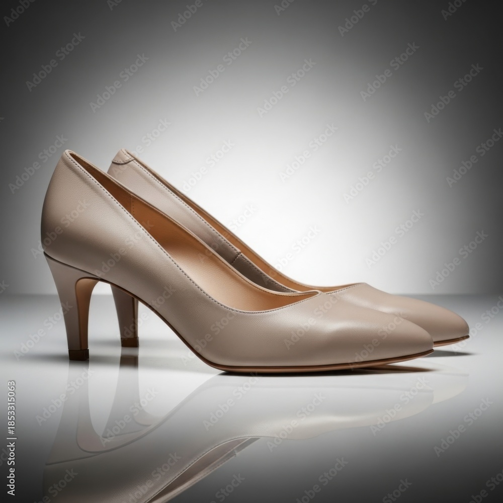 Obraz premium Pair of Elegant Beige Leather Medium High Heel Pumps with Soft Shadows and Reflection