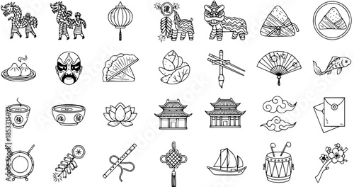 Chinese Culture Black and White Line Art Icons Set - Traditional Asian Symbols, Food, Festivals, and Architectural Elements Vector Illustration