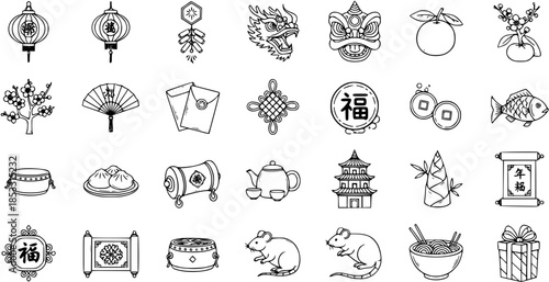 Chinese New Year Icons Set: Black and White Line Art Vector Illustrations of Traditional Symbols and Decorations