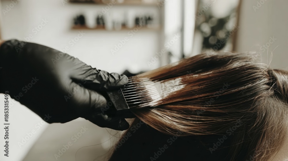 Naklejka premium Professional hair coloring with brush technique in modern salon setting