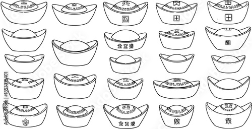 Chinese Sycee Gold Ingots Vector Set. Black and White Line Art Icons representing traditional Asian wealth, finance, money, and prosperity symbols for cultural and economic designs.