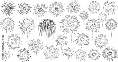 Black and White Line Art Fireworks Vector Collection. Hand-Drawn Outline Pyrotechnic Bursts for Celebrations, Holidays, Festivals, and Festive Event Design Assets