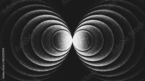 Minimalist stippling composition of circular expanding geometry radiating in perfect symmetry. Monochrome texture creates visual vibration and endless rhythm, infinity motion, depth and energy. Vector