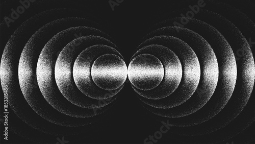 Minimalist stippling composition of circular expanding geometry radiating in perfect symmetry. Monochrome texture creates visual vibration and endless rhythm, infinity motion, depth and energy. Vector