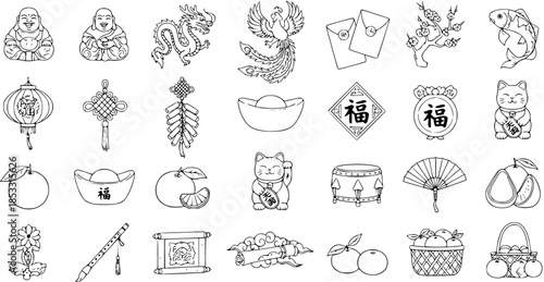 Chinese New Year and Asian Culture Line Art Icons Set - Festive Symbols, Traditional Good Fortune Elements, and Oriental Holiday Objects Vector Illustration