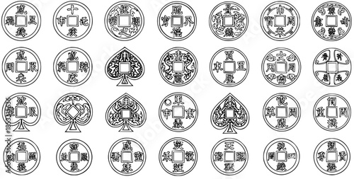 Eastern Culture  Gaming Symbols: Historical Chinese Cash Coins and Stylized Playing Card Suits Black and White Line Art Vector Icons Set
