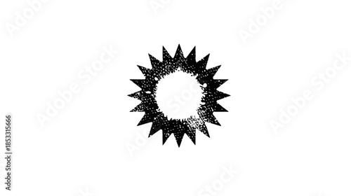 Distressed black grunge sun symbol with spiky rays on white background. Abstract textured starburst graphic element icon.