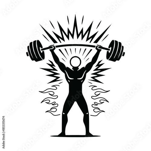 powerful weightlifter silhouette lifting heavy barbell with energy and fire bursts