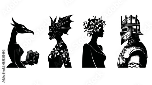 Diverse fantasy character silhouettes including a dragon, a mythical winged woman, a nature spirit, and an armored knight.