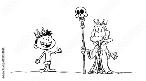 Black and white cartoon illustration: cheerful young boy in crown standing beside an old king with a skull-topped staff.