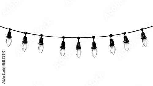 Hand-drawn decorative string lights with vintage clear bulbs, festive party illumination isolated on white background illustration.