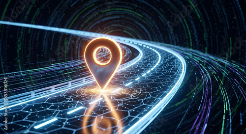 Futuristic Navigation Pin on a Digital Highway.