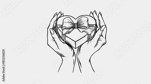 Hands holding a heart-shaped gift box with a bow, symbolizing love, giving, care, celebration, and generosity.