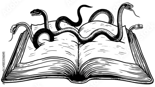 Intricate black and white line art illustration of an open mystical book with multiple venomous snakes emerging from its pages, dark fantasy concept.