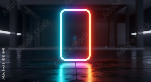 Futuristic Neon Smartphone Outline in Dark Industrial Hallway.