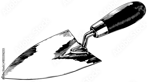 Vintage Hand Trowel Engraving, Classic Gardening Tool for Planting, Digging, and Soil Work, Black and White Sketch Illustration