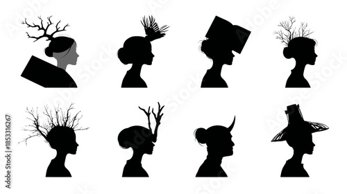 Set of diverse female profile silhouettes featuring abstract, creative hairstyles and decorative headwear. Vector illustration.