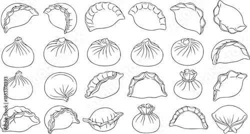 Black and White Line Art Vector Illustration of Diverse Asian Dumplings, Steamed Buns, and Gyoza. Outline Drawing for Food, Cuisine, Restaurant, and Menu Design Elements.