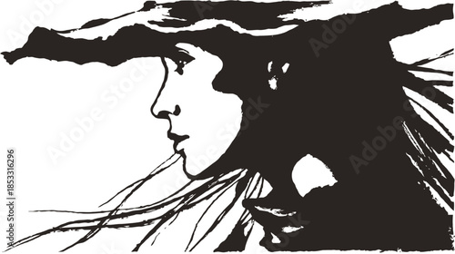 Monochromatic illustration of a woman's profile with flowing hair and a wide-brimmed hat, artistic black and white drawing