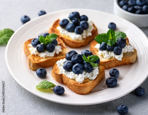 fresh blueberry and cottage cheese on toasted bread slices garnished with green mint leaves served on white plate