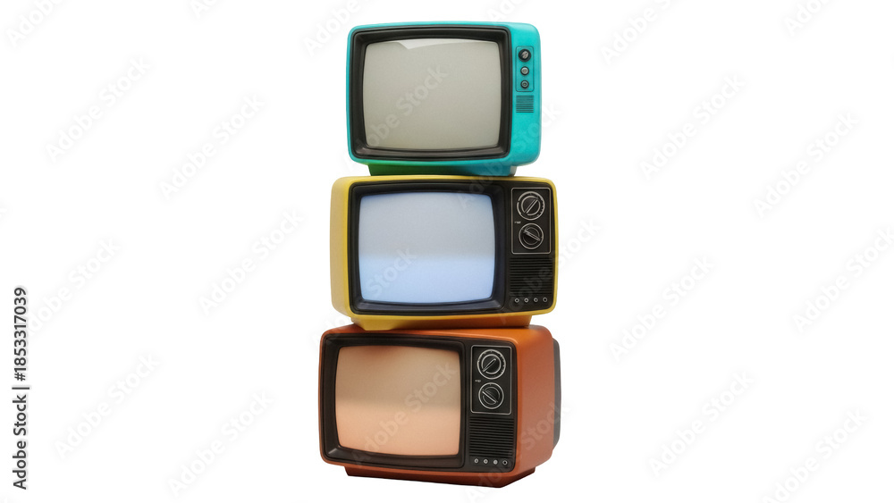 Stack of retro televisions PNG isolated on transparent background, vintage TV sets in teal yellow and orange for media and design projects