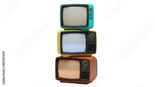 Stack of retro televisions PNG isolated on transparent background, vintage TV sets in teal yellow and orange for media and design projects