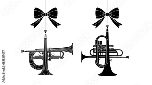 Elegant black silhouette brass instruments hanging with decorative bows, isolated on white for music and celebration themes.