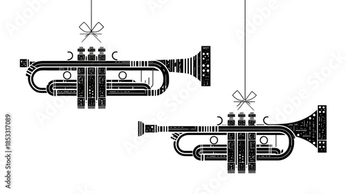 Stylized Black and White Trumpets Hanging with Bows. Musical Instrument Graphic Design Element with Vintage Texture.