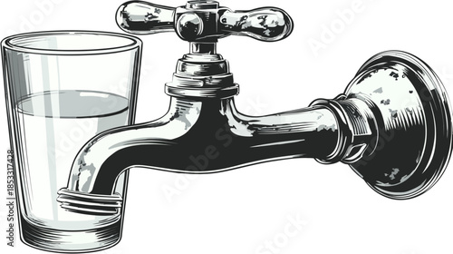 Retro chrome water faucet with a full glass of fresh drinking water, hand-drawn vector illustration, clean and clear liquid.