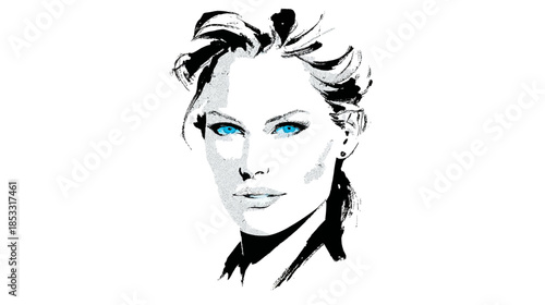 Stylized black and white vector illustration of a beautiful woman's face with bright blue eyes, artistic sketch style