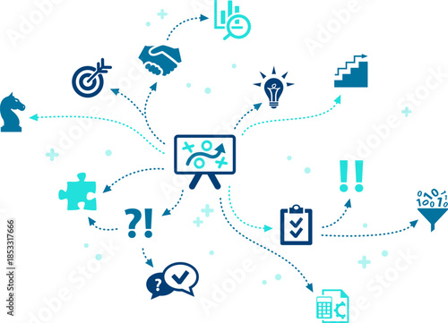 Strategy vector illustration. Concept with icons related to analysis & planning - direction chart, communication, strategic vision - discussion board & explanatory diagram - inspiration & challenge.