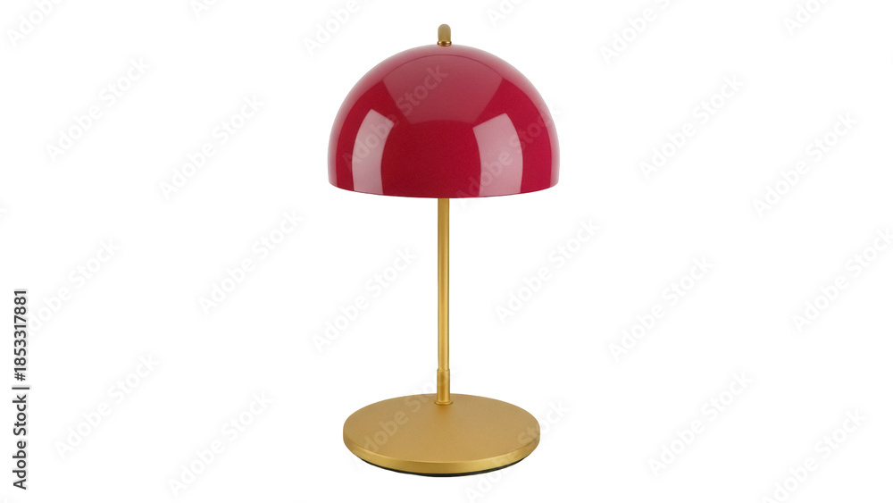 Fototapeta premium Modern red dome table lamp isolated PNG, stylish gold base desk light for bedroom or office decor on transparent background