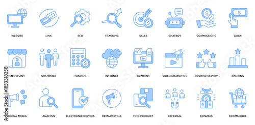 Affiliate Marketing icon Set. Containing website, link, SEO, tracking, sales, merchant, customer, social media, commissions, referral icon. Lineal blue style