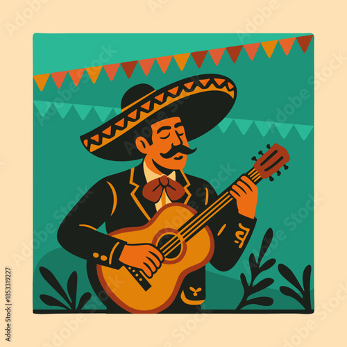 Mariachi mexican guitarist. Bright vector illustration