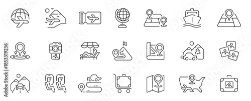 Travel editable line icons set. linear vacation and tourism symbols collection