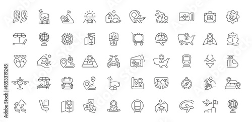 Travel and tourism editable line icons set: linear vacation, trip symbols