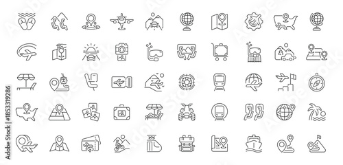 Travel and vacation editable line icons set. adventure and leisure symbols