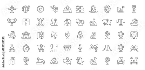 Navigation editable line icons set: maps, directions, and location style symbols