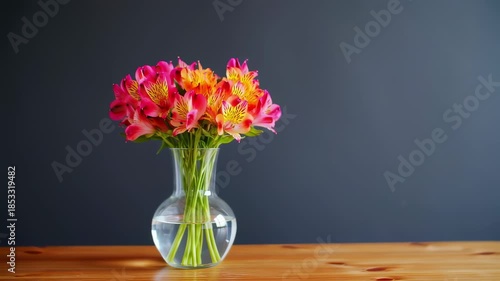 Wallpaper Mural A bouquet of vibrant pink and orange alstroemeria flowers in a clear glass vase on a wooden table against a dark gray wall Torontodigital.ca