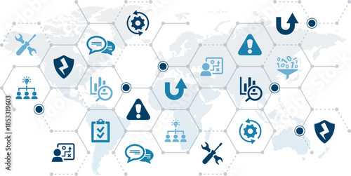 Crisis management vector illustration. Blue concept with world map and icons related to crisis or risk management or crisis communication - recovery strategy - solutions to prevent escalation.