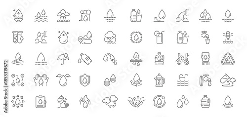 Water conservation editable line icons set. hydration and sustainability symbols